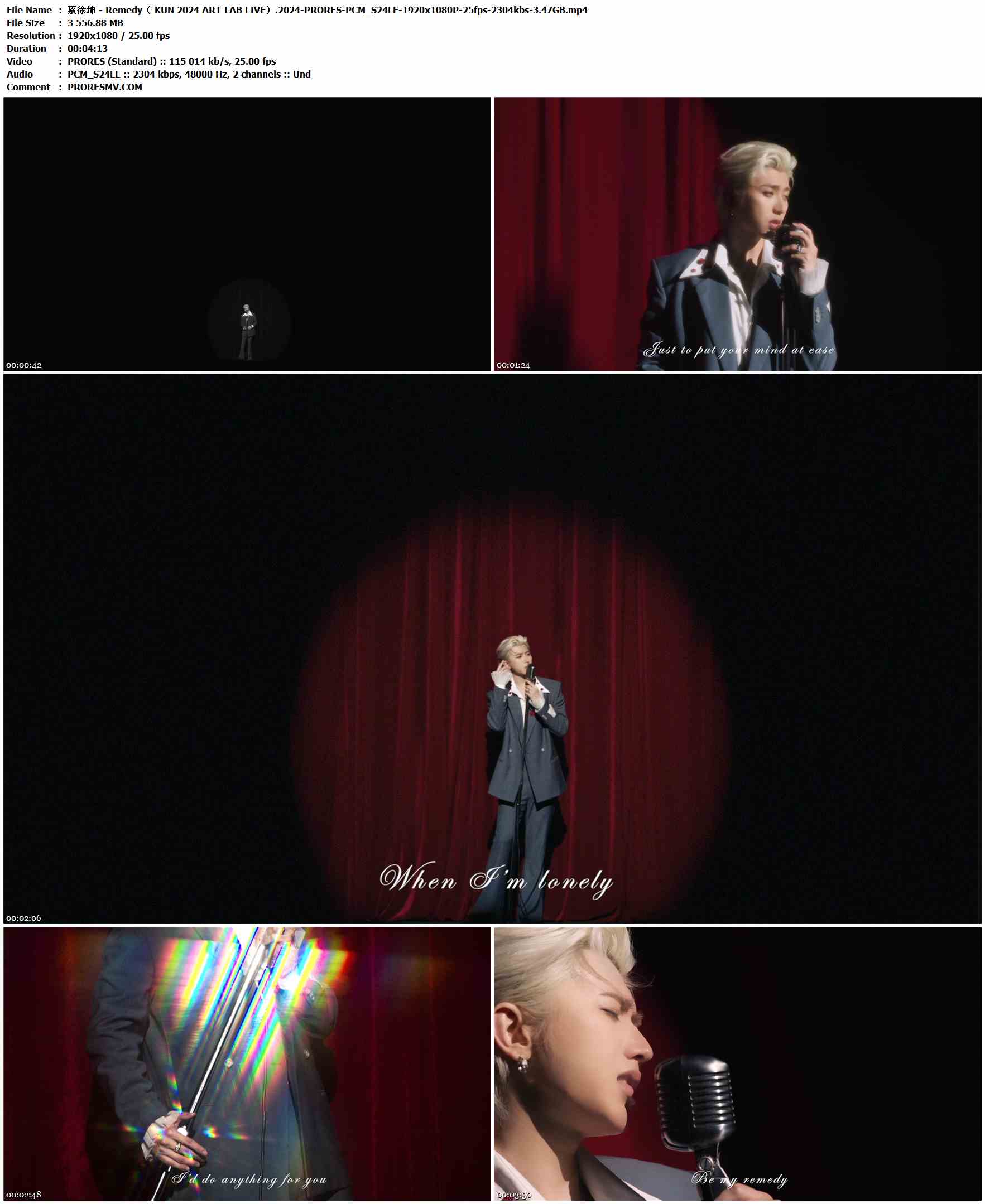 蔡徐坤 - Remedy（ KUN 2024 ART LAB LIVE）.2024-PRORES-PCM_S24LE-1920x1080P-25fps-2304kbs-3.47GB官方MV_高清MV